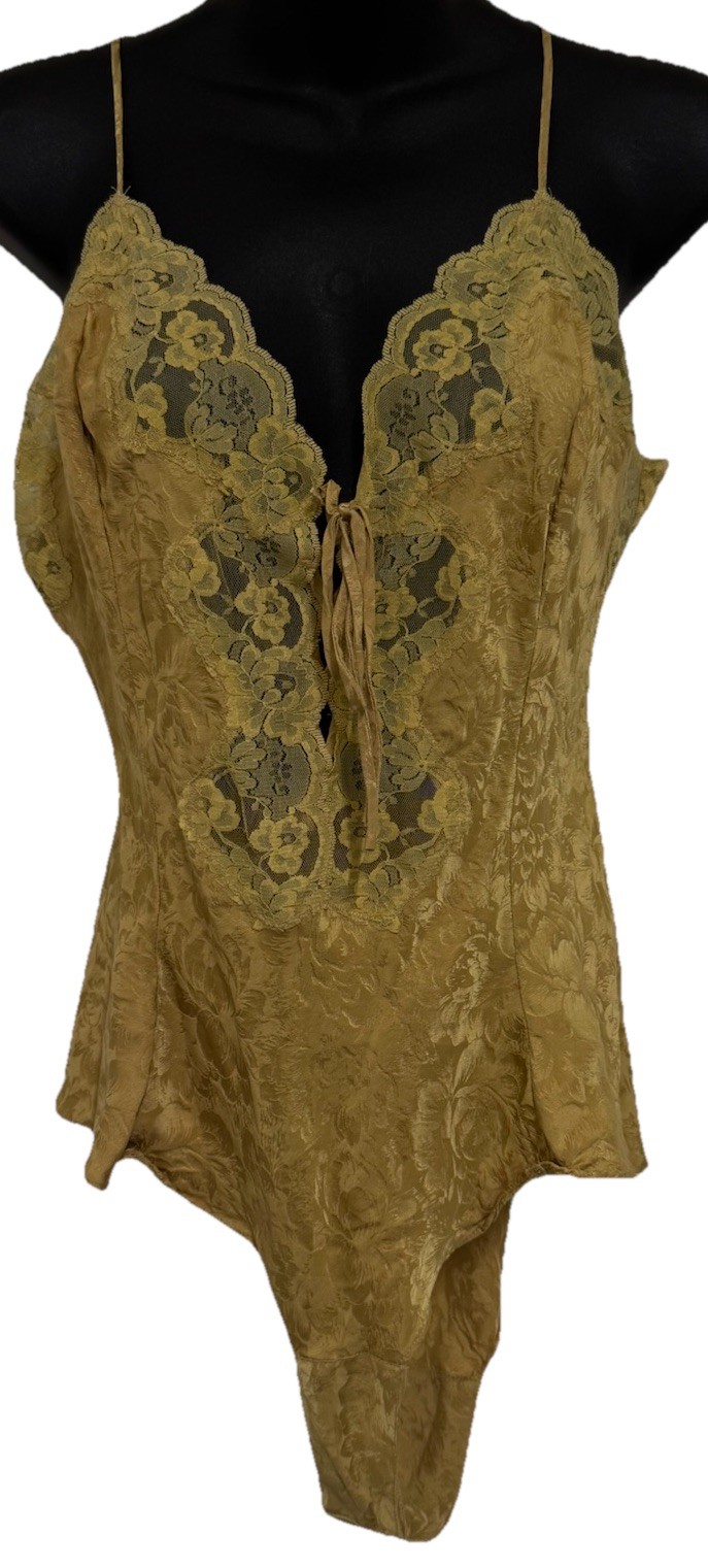 Vintage Gold Label Victorias Secret Blue 100% Silk Jacquard Sexy Teddy Nightie M