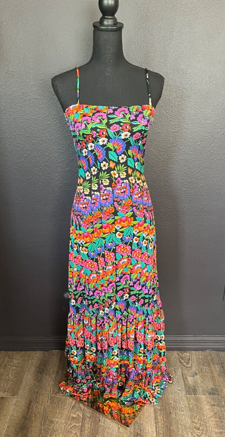 70s Bright Dark Bold Floral Nylon Maxi Tiered Hem Dress XS/S Boho Chic Grunge