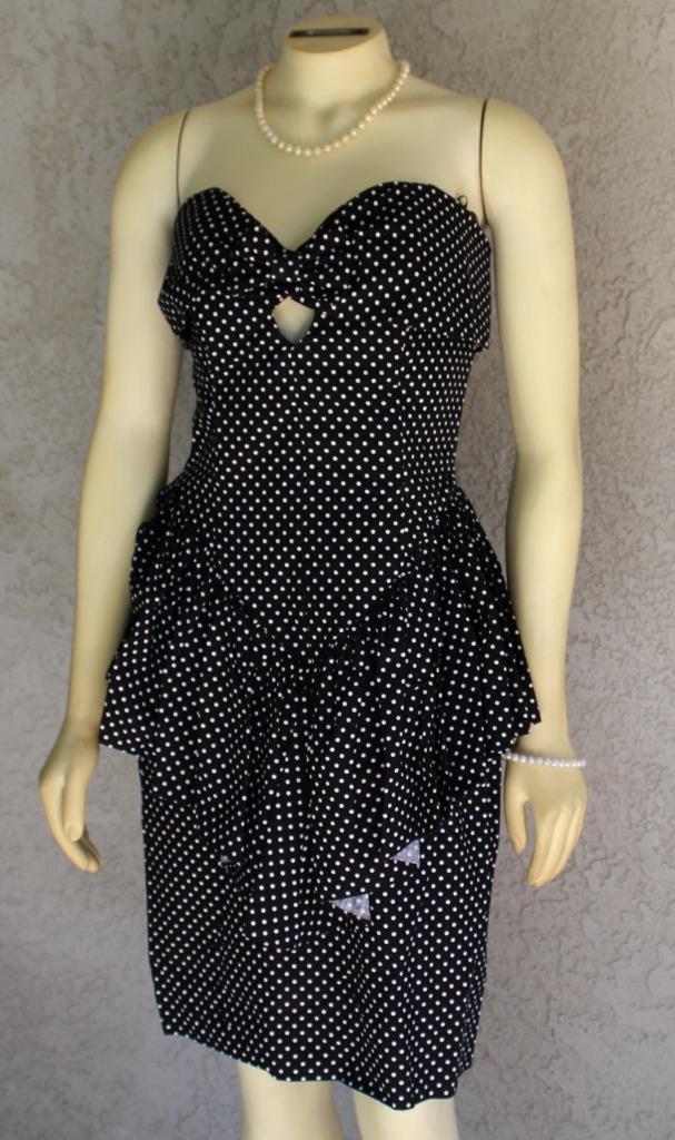 Vtg STRAPLESS BLACK KEY HOL PEPLUM DISCO DRESS ROCKABILLY A LA CARTE