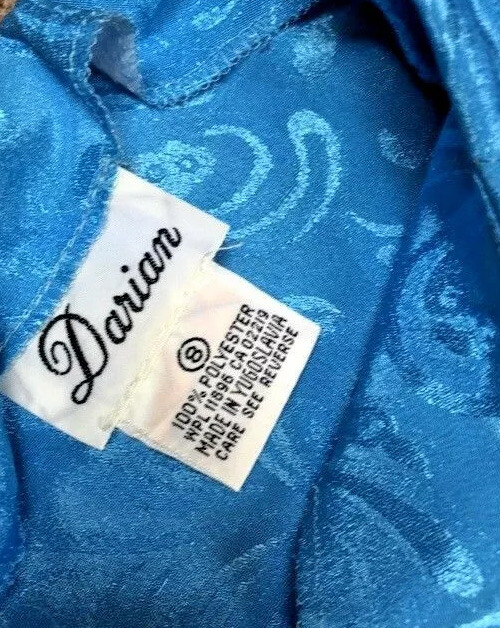 Vintage 80s Darian Satin Dress Blue Damask Print Belted Long Midi Retro Small