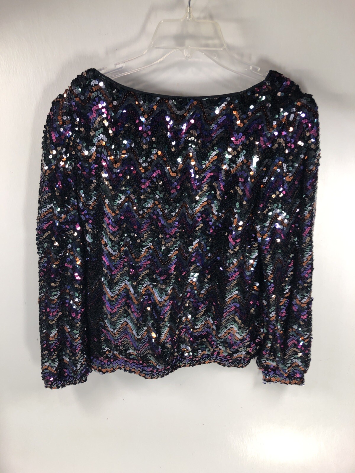 Three Flaggs California Sheer Shirt Sequin Blouse Top Neck Disco Geometric