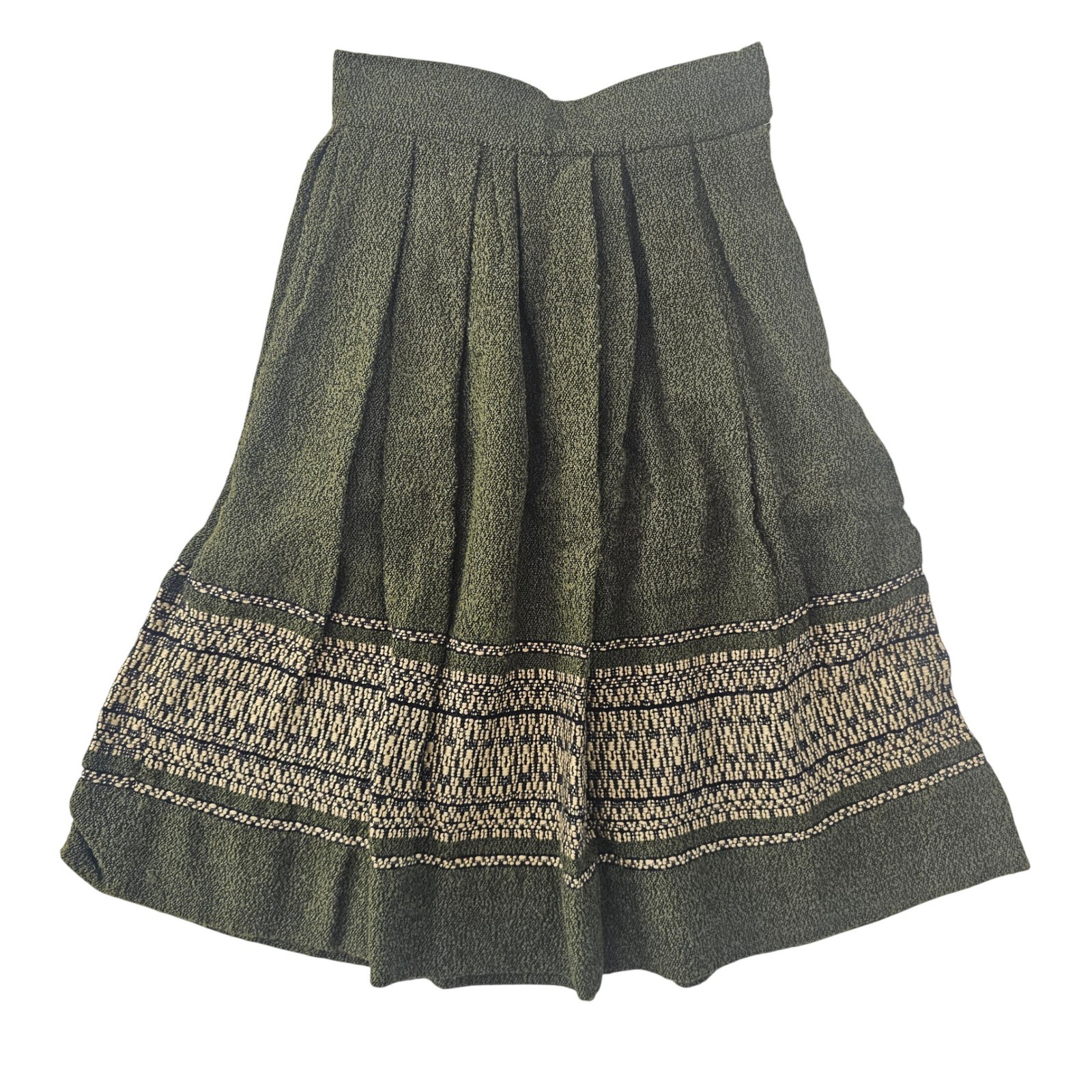Mary Willis Vintage Hand Woven Wool Skirt Olive Green Pleated Midi Boho Folk