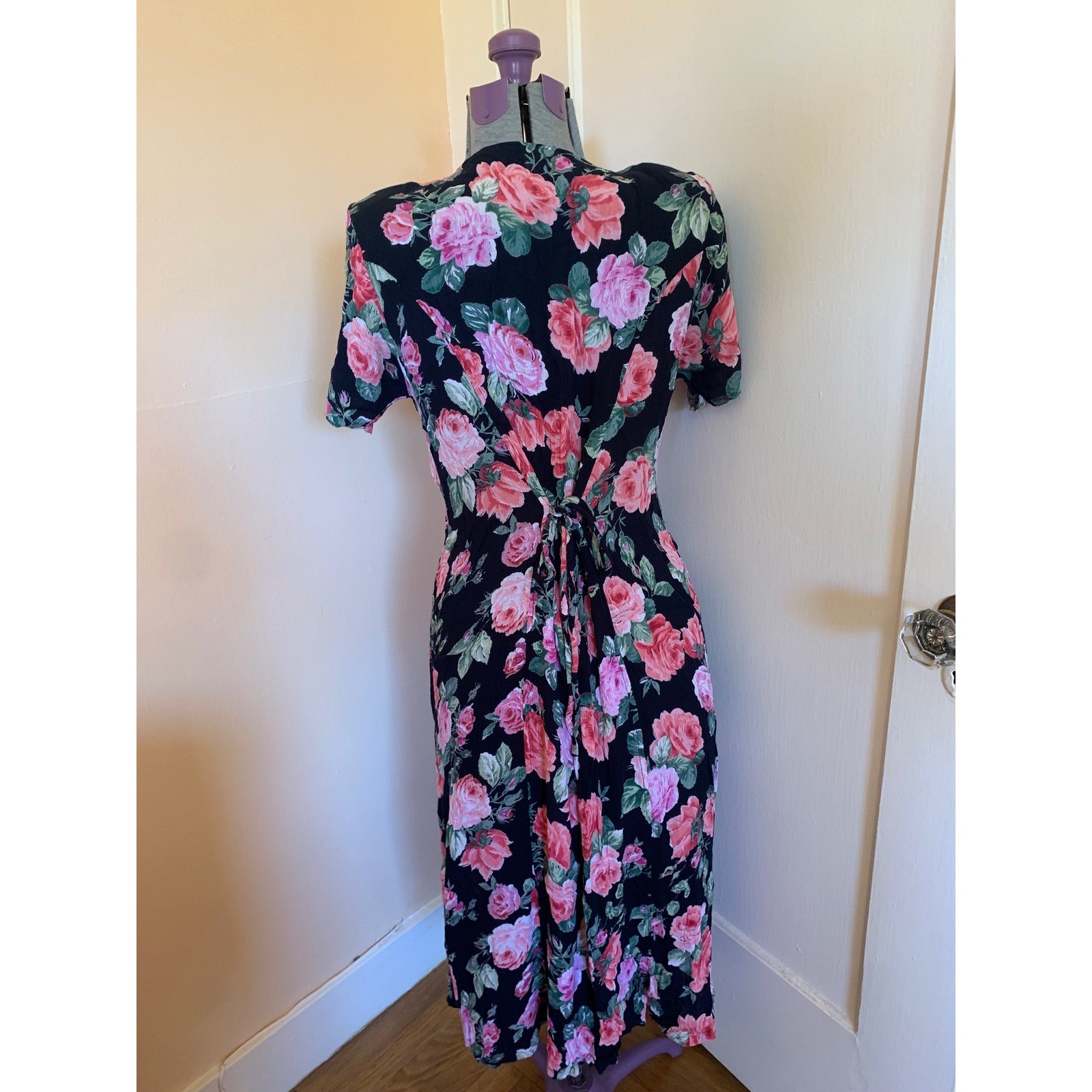 La Cera Vintage 90s Floral Rayon Crepe Midi Dress XL Black Pink Rose Cottagecore
