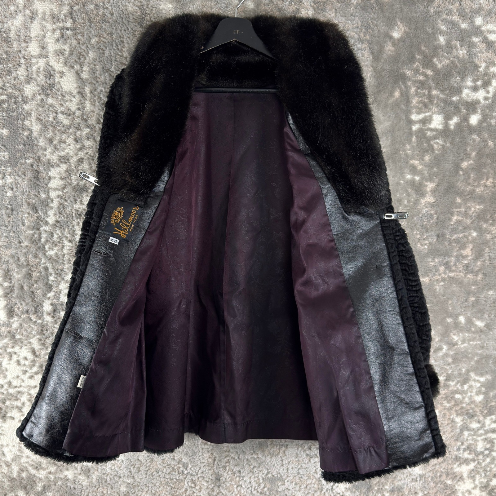 Hillmoor Size L Vintage Faux Persian Lamb Fur Trim Mid-Length Coat Black Women