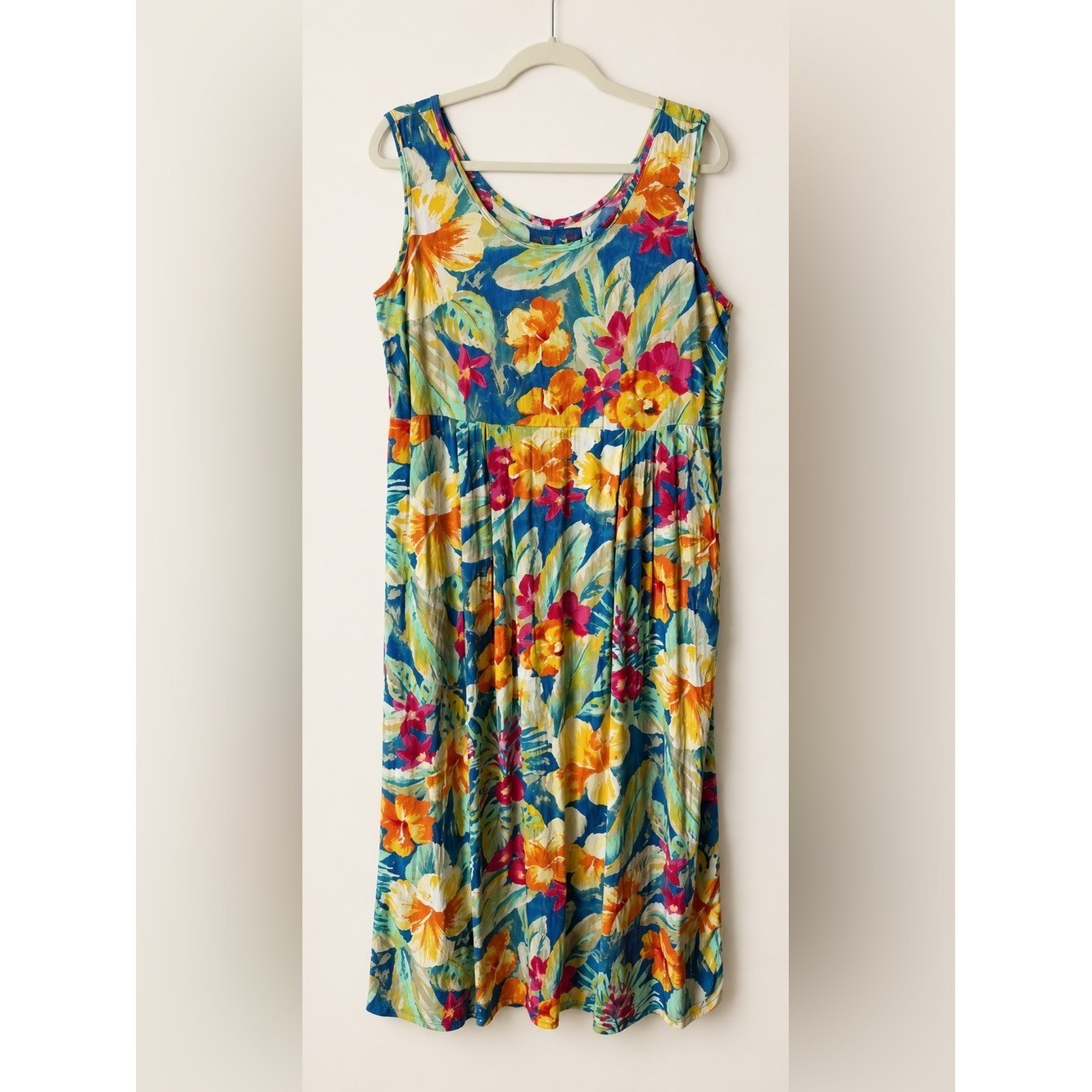 Jams World Vintage Floral Hibiscus Print Sleeveless Midi Dress Resort Beach MED