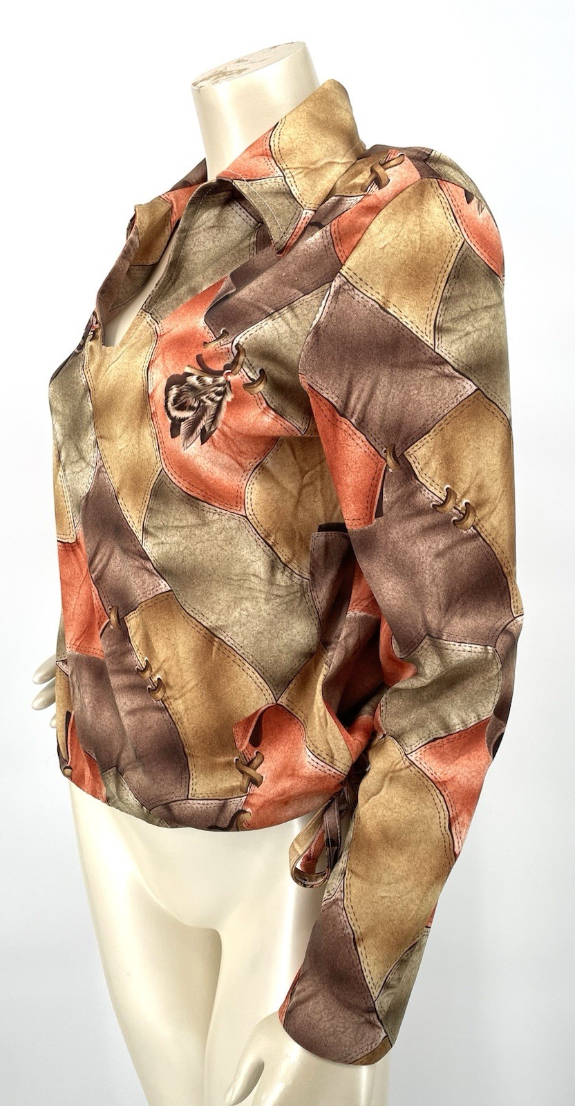 Vintage 1970s Whipstitch Leather Patchwork Feather Print Hippie Blouse Top Shirt
