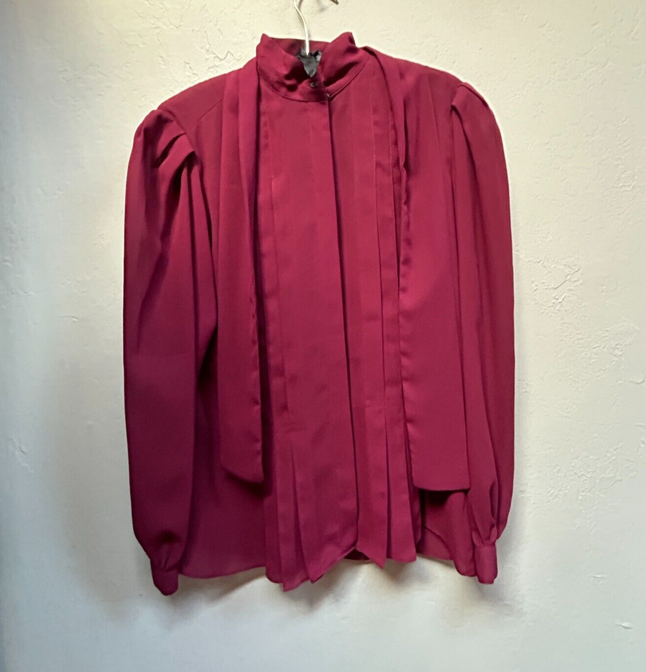 Vintage Jack Mulqueen VIP Collection Womens Maroon Ruched Sleeve Tie-Neck Blouse