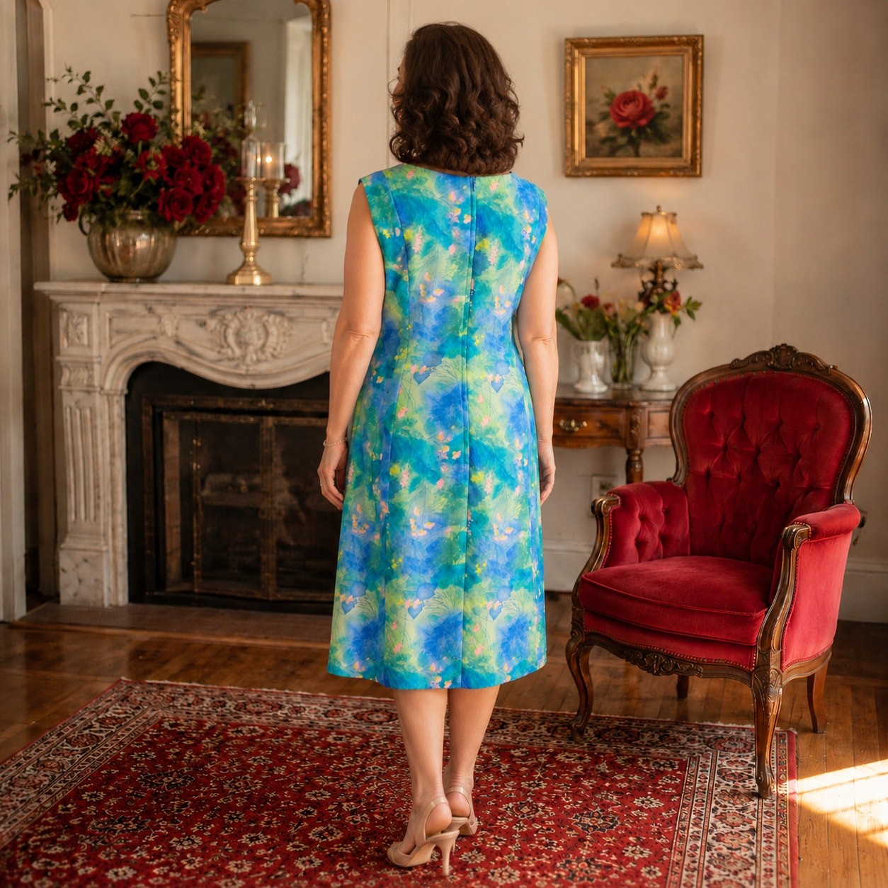 60s Peck & Peck Watercolor Floral Sheath Dress, Cutout Neckline Shift Dress – XL