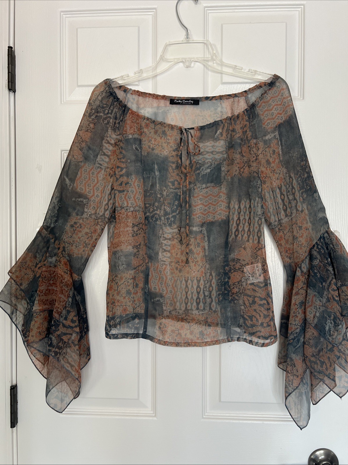 Vintage Betty Barclay Brown And Gray Flowy Butterfly Bell Sleeves Retro Top Med