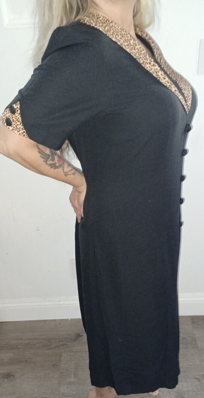 Vintage 80s Black Swing Shift Dress Contrast Leopard Oversized Collar L XL