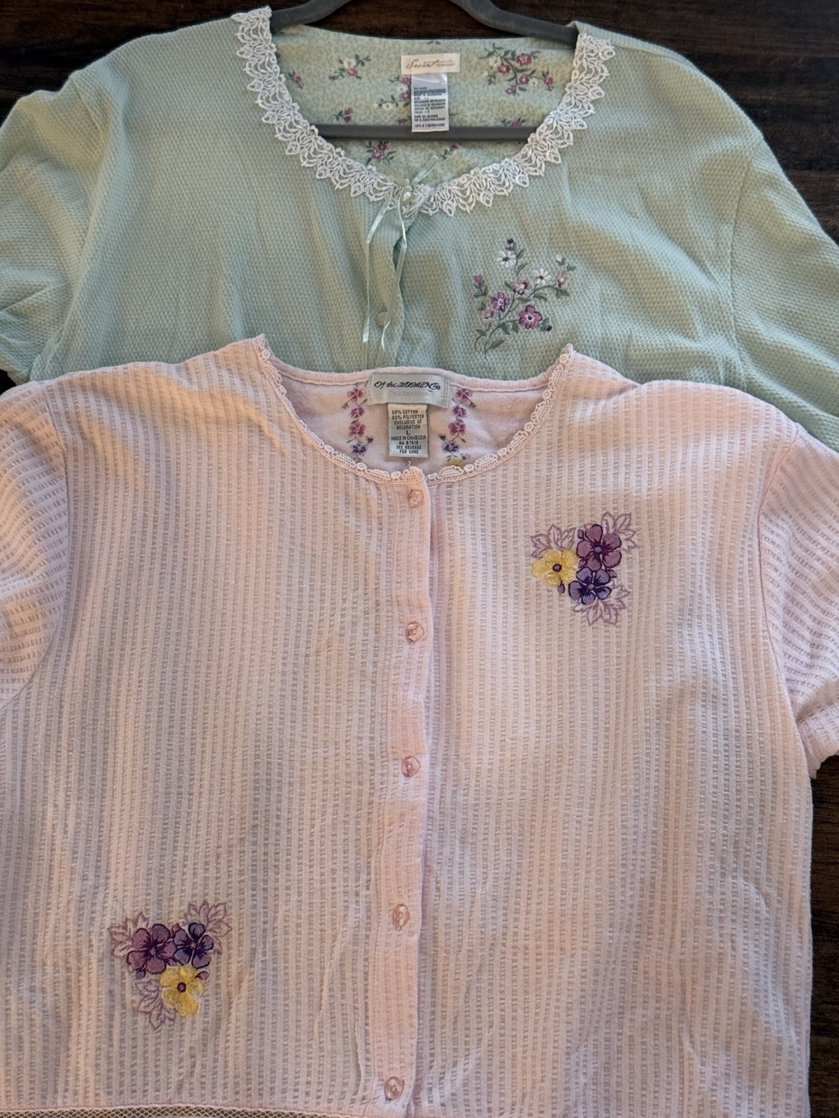 Vintage Lot Of 2 Size Pink & Green Large Grandmacore Pajamas Tops Cotton Blend