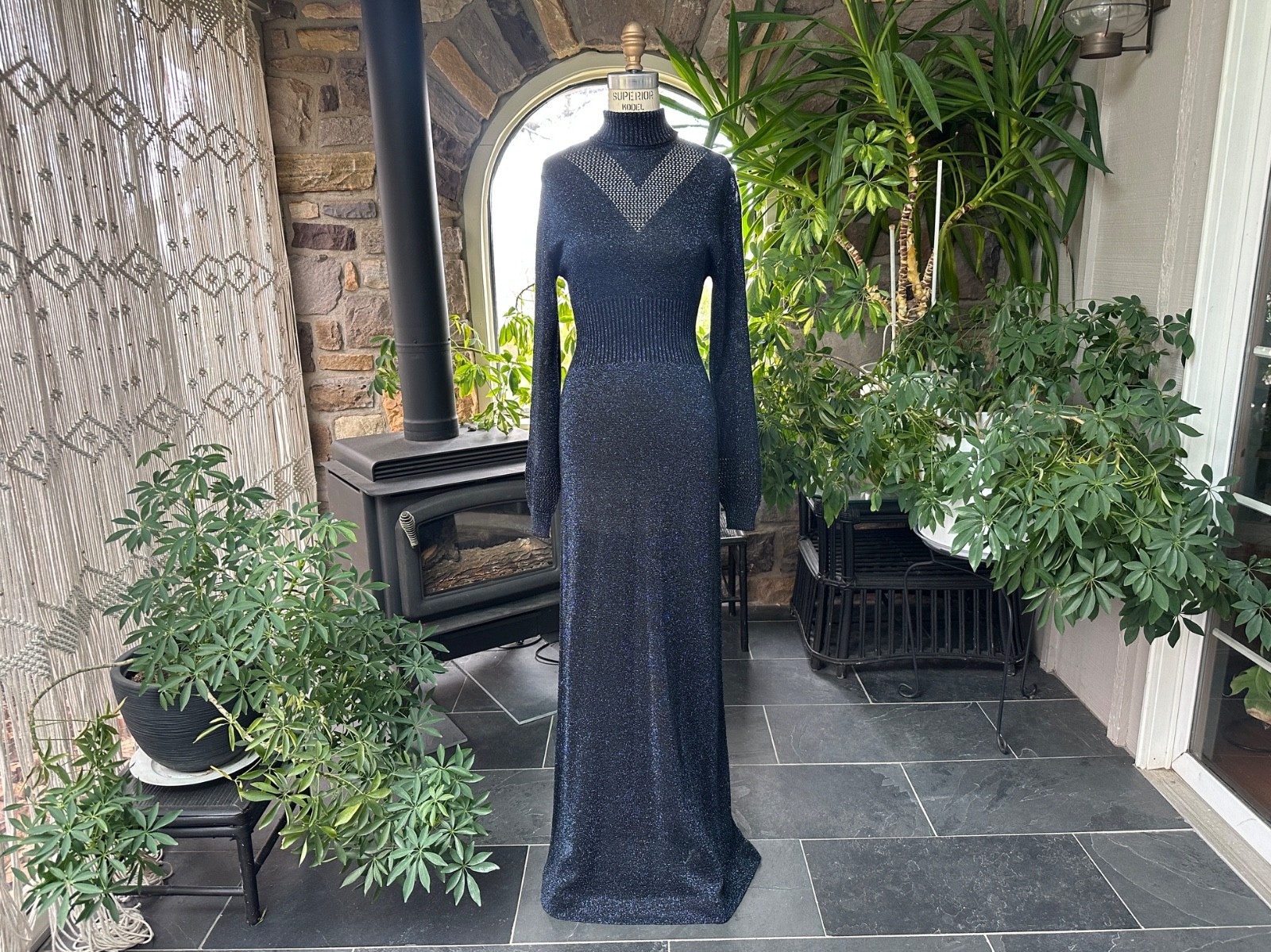 Vintage 1970s Wenjilli Metallic Blue and Black Slinky Sparkly Maxi Dress