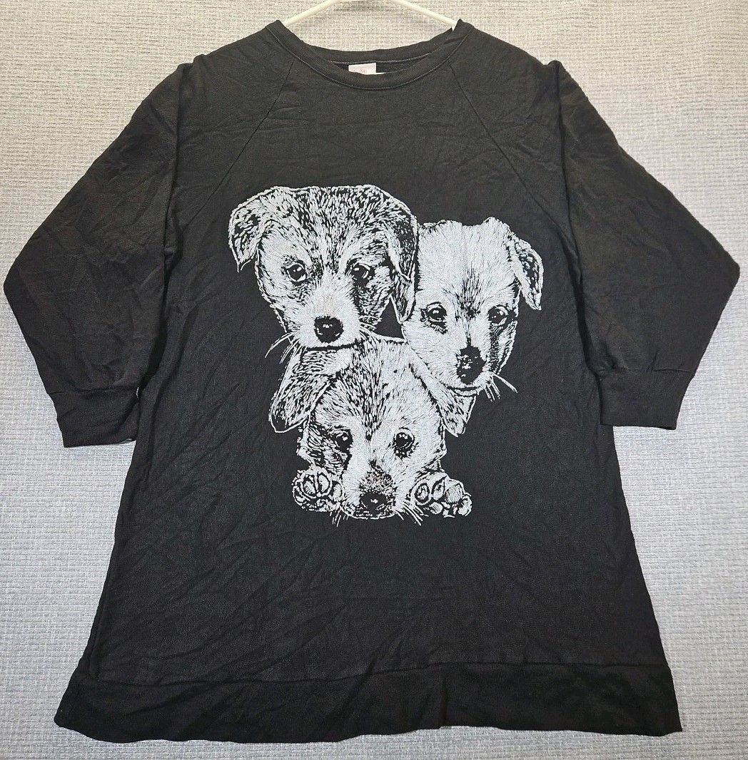 VTG 70s 80s Nancy Scott Pullover Puppy Dog Shirt Sz 44 Black 3/4 Sleeve USA Made