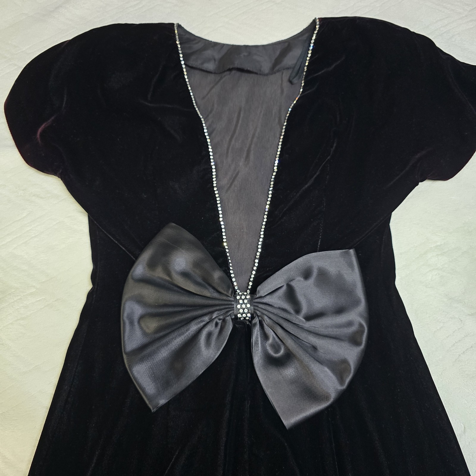 Datiani Black Burgundy Velvet Dress 6 Open Back Satin Bow Rhinestone Goth Glam
