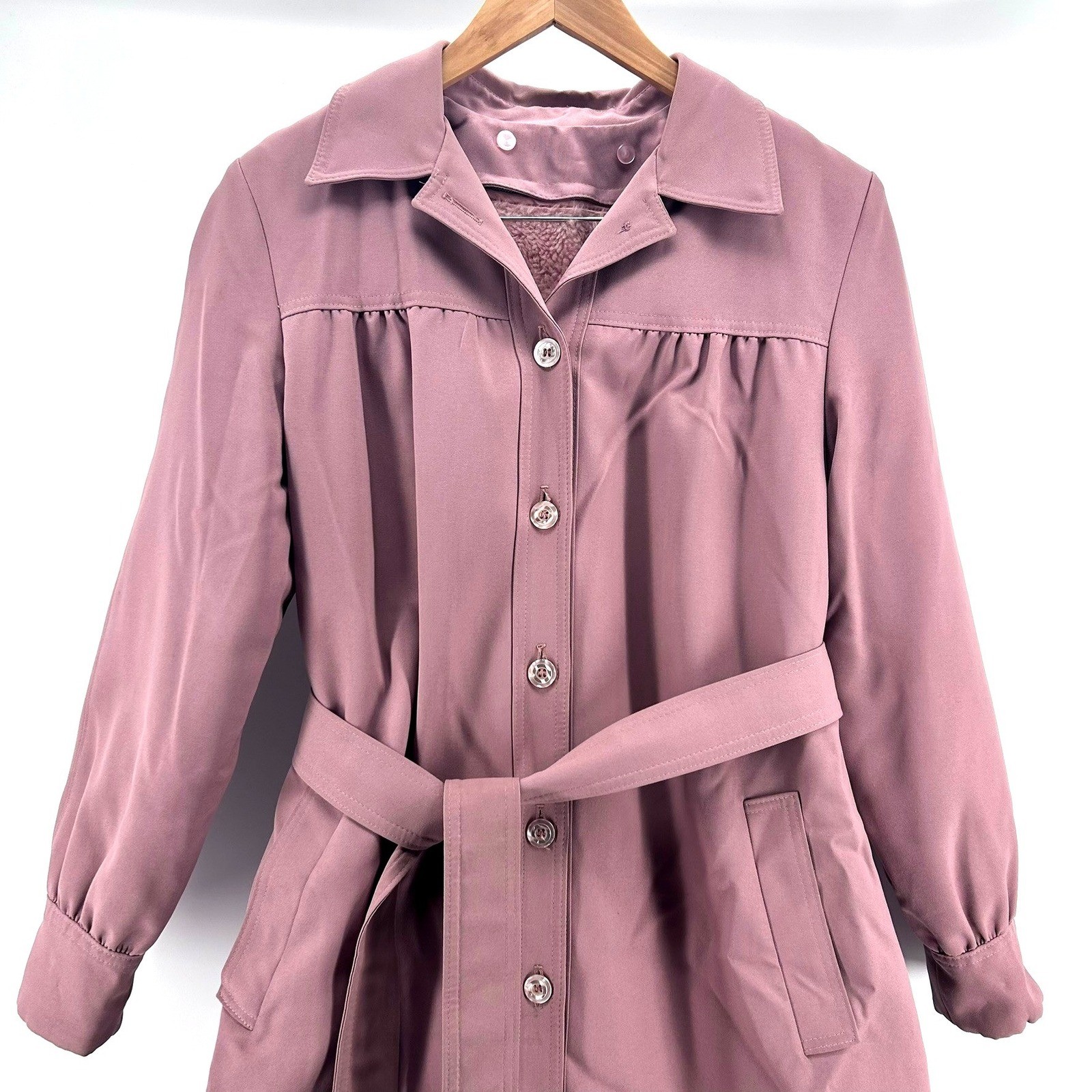 VTG Sears Dusty Rose Mauve Belted Trench Coat Faux Fur Removeable Lining Size 16
