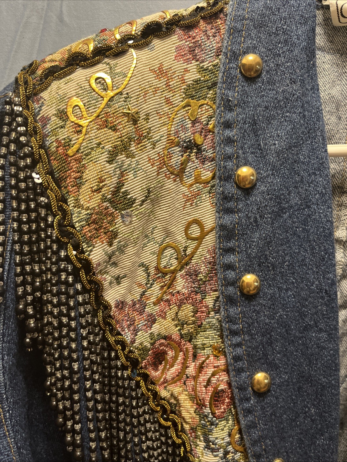 RARE Vintage 80s Charle Casuals Beaded Tapestry Gold Denim DUSTER BOHO See Pix