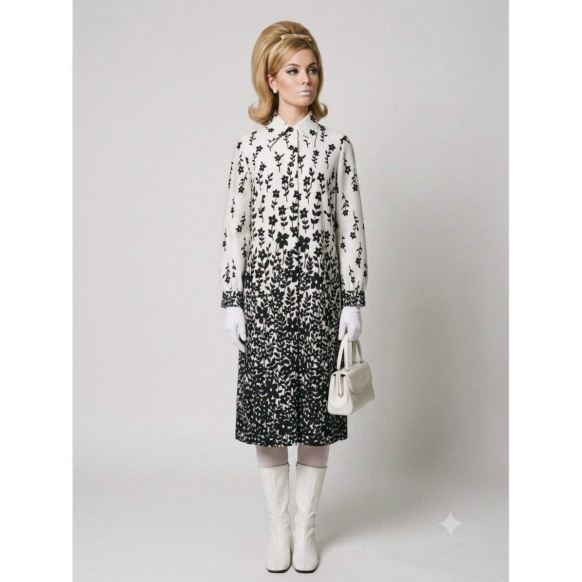 Vintage 60s 70s Black White Waterfall Floral Mod Shift Dress Long Sleeve Sz 20