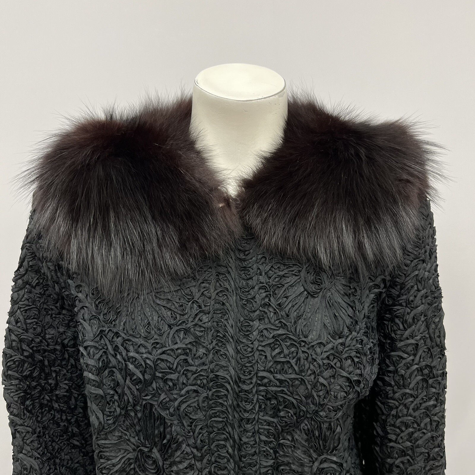Vintage Ribbon Fur Jacket Black AMAZING Detail Brown Fox Fur Medium