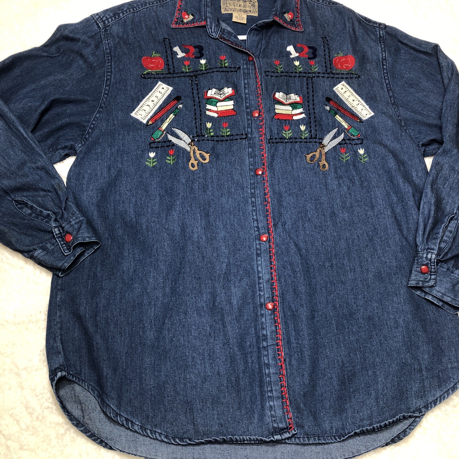 Vtg Denim Shirt Women’s Large Embroidered Elementary School Class Teacher