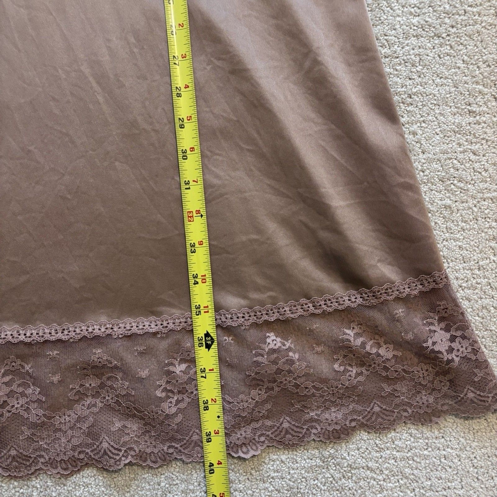 VTG Vanity Fair Mocha Brown Nylon Lace Trim Nightgown Camisole Slip Dress 32L