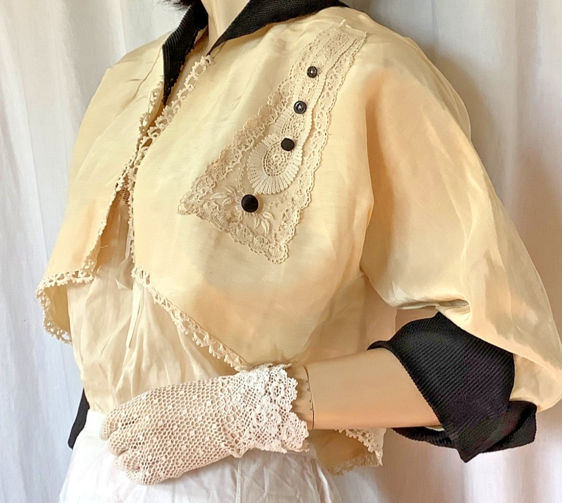 antique Edwardian jacket Bolero ivory Spencer lace trim 3/4 sleeve M cuff Faille