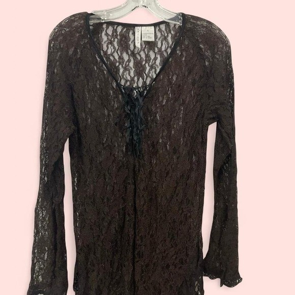 Vintage Twiggy Brown Floral Lace 2 Piece Set Tunic Top and Wide Leg Pants Small