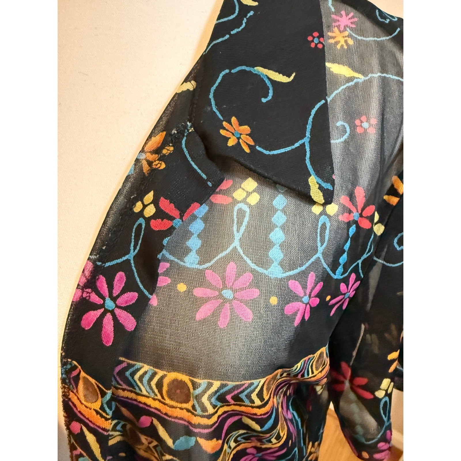 Allison-Che Vintage Button Up Blouse Women Size 12 Black Multi Color Sheer