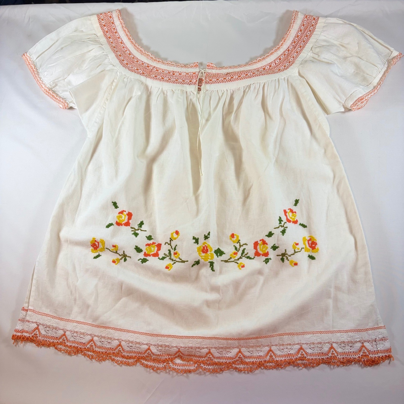 Vintage 70s White Cotton Peasant Blouse Floral Embroidery Orange Lace Boho Top M
