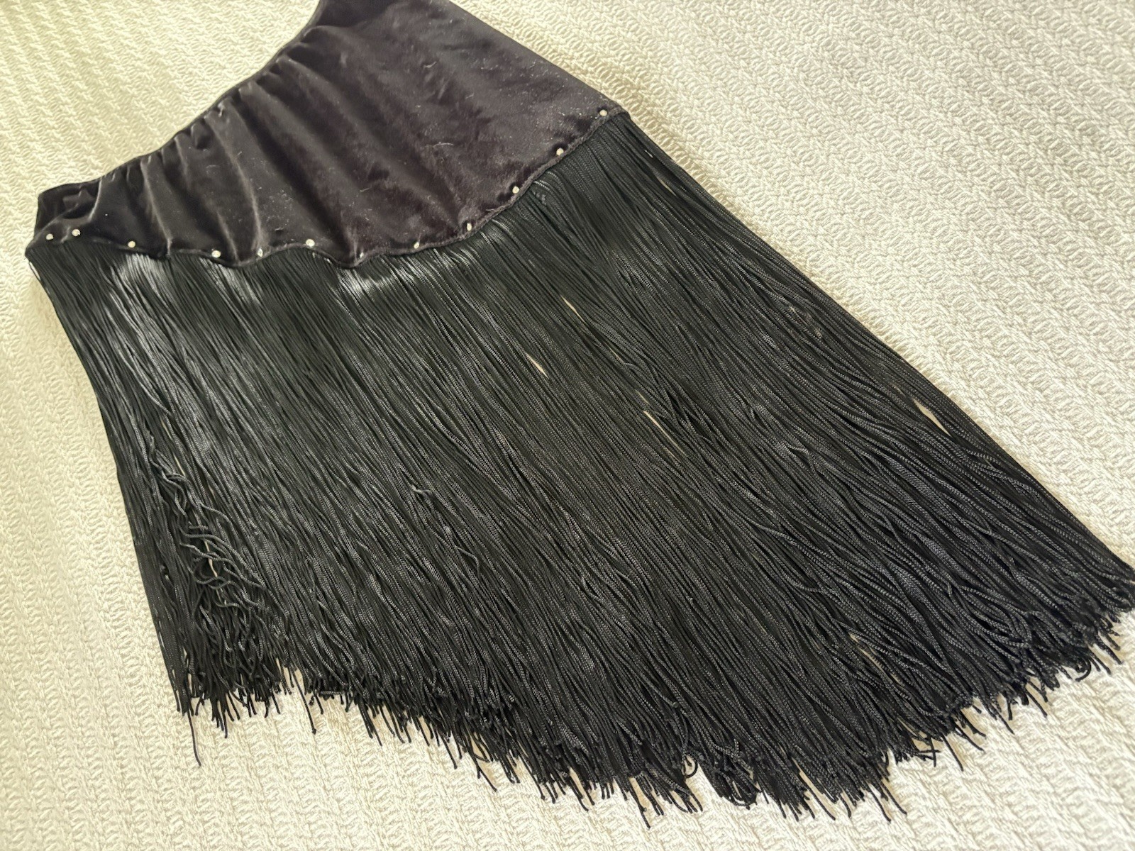 Vintage 90s Y2K Velvet Fringe Mini Skirt Strapless Top Mall Goth Club Boho Bling