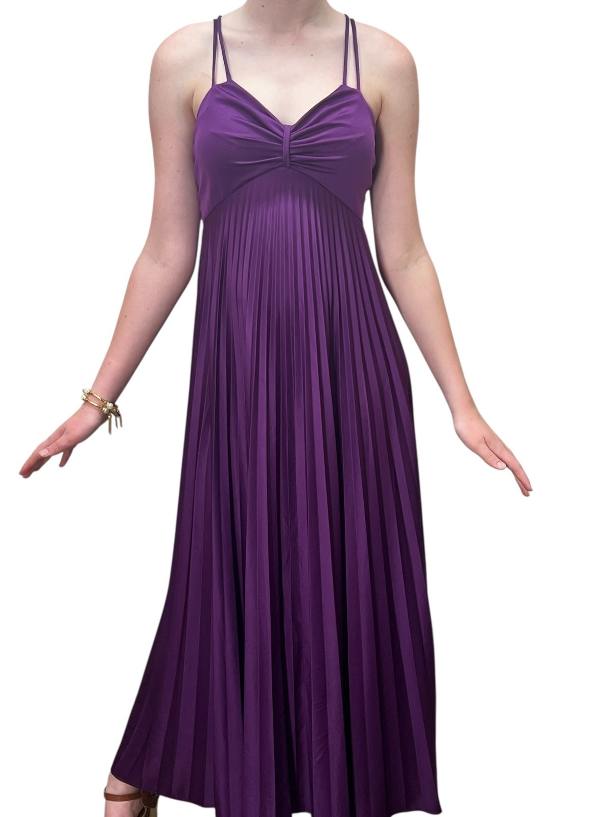 Vtg 70s S Empire Maxi Dress PURPLE Knife Pleated Skirt Double Spaghetti Strap