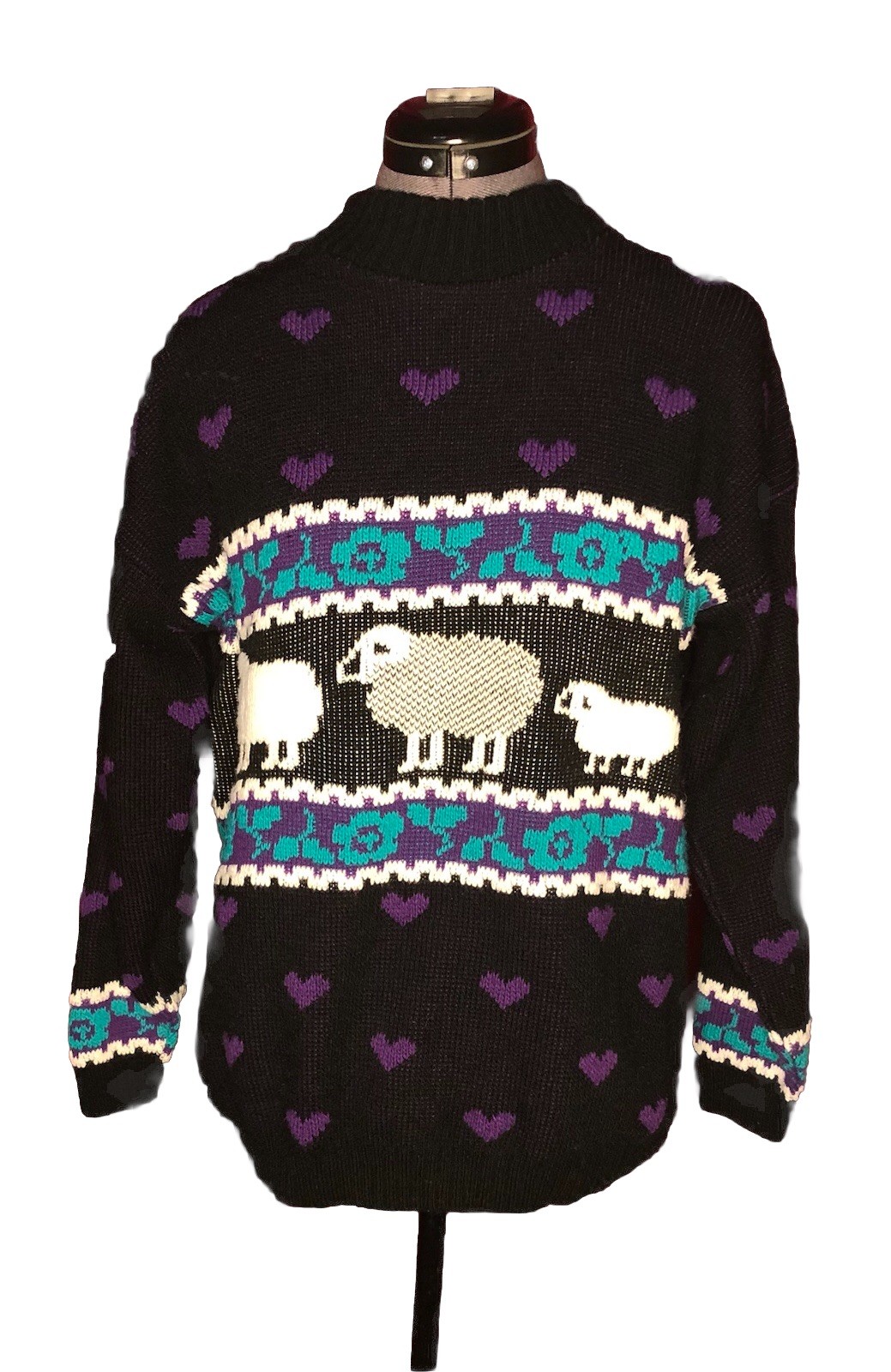 Vtg 80s Statement Sweater Cottagecore Dark Kawaii Sheep Purple Heart Pullover M