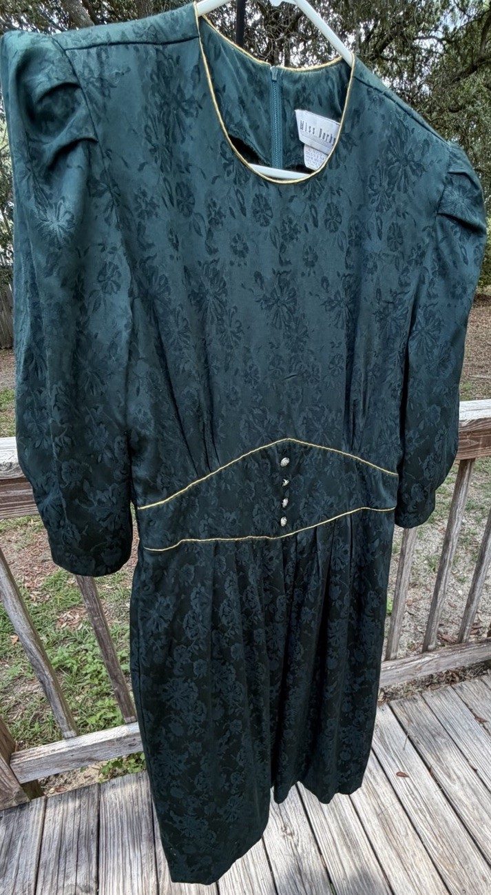 Vtg 80s Miss Dorby Maxi Dress 16 Deep Green Color w/Gold Accents Shoulder Pads