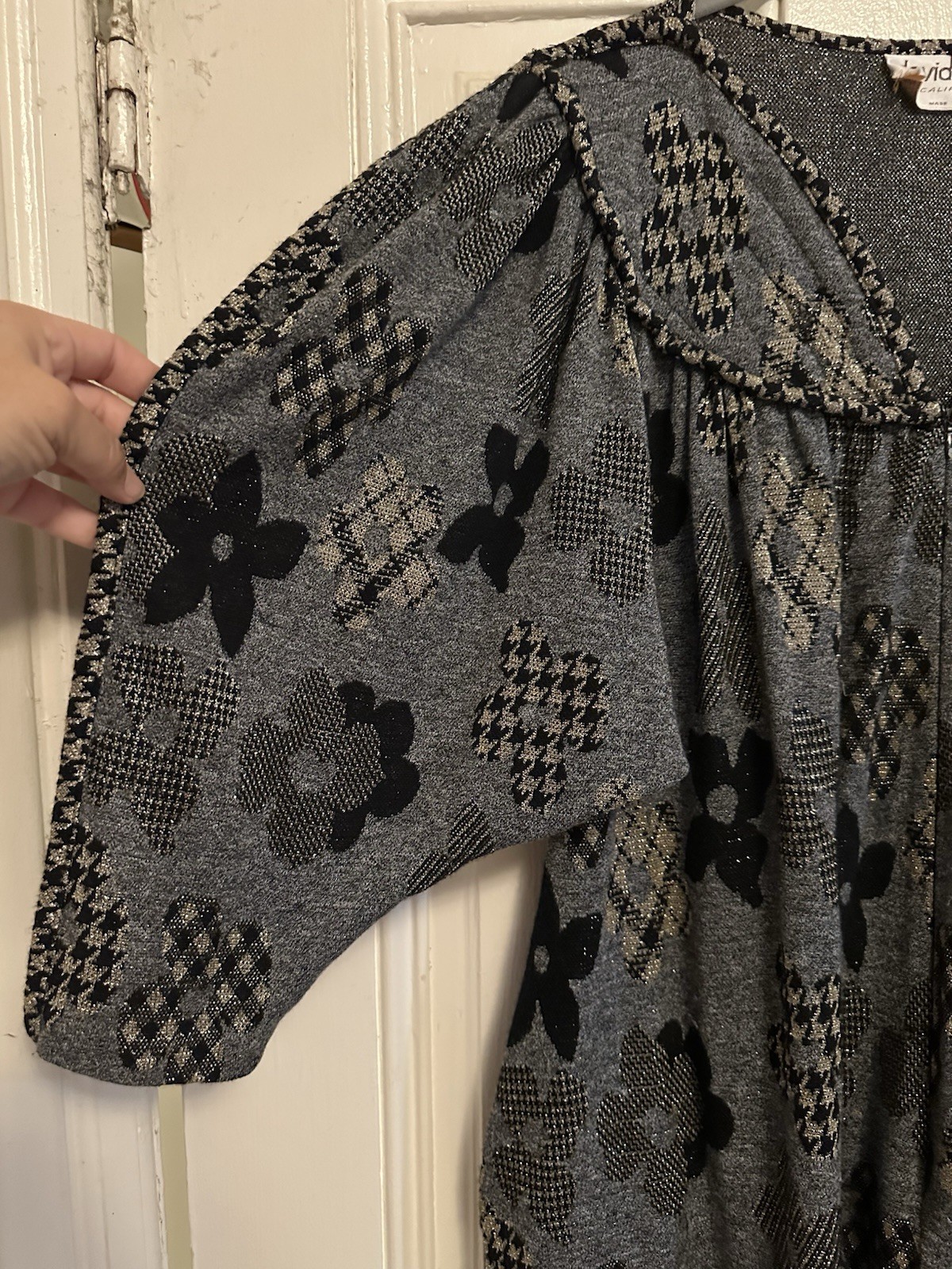 Stunning David Brown, 1970s metallic balloon sleeve houndstooth flower dress