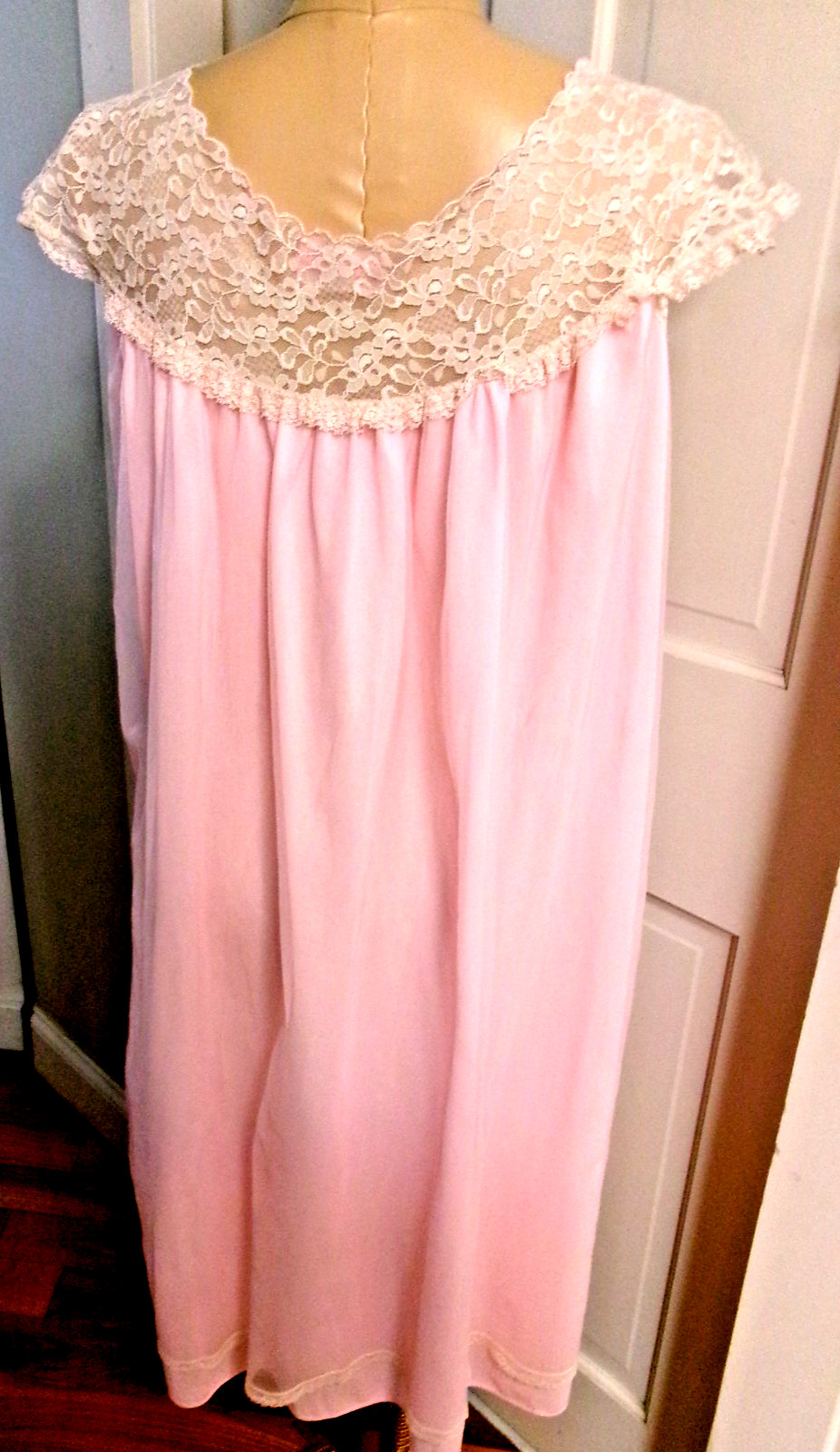 VINTAGE AVIAN PINK CHIFFON WITH LACE BODICE NIGHT GOWN LOUNGEWEAR DRESS L-XL