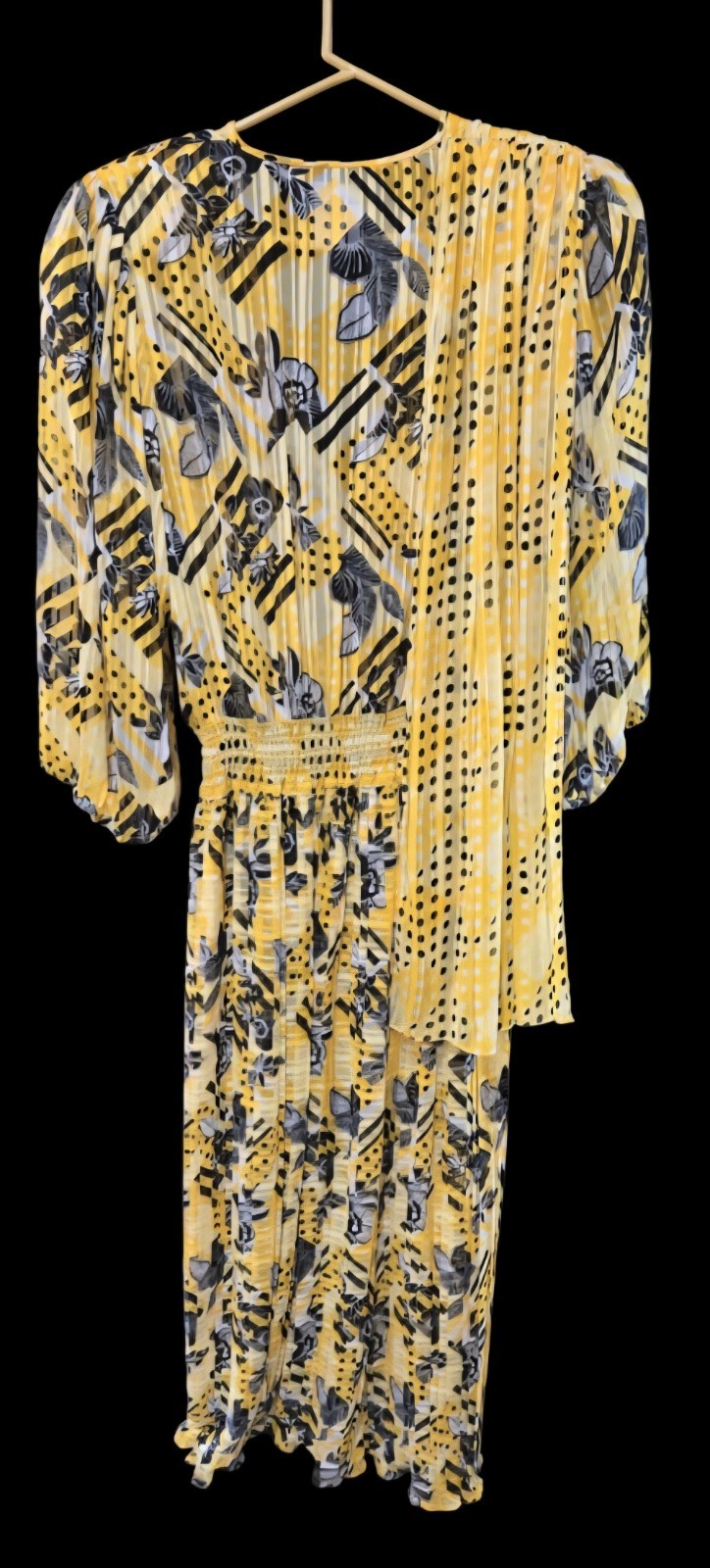 1980s DIANE FREIS ORIGINAL Yellow And Black Polyester Georgette pleated dress M