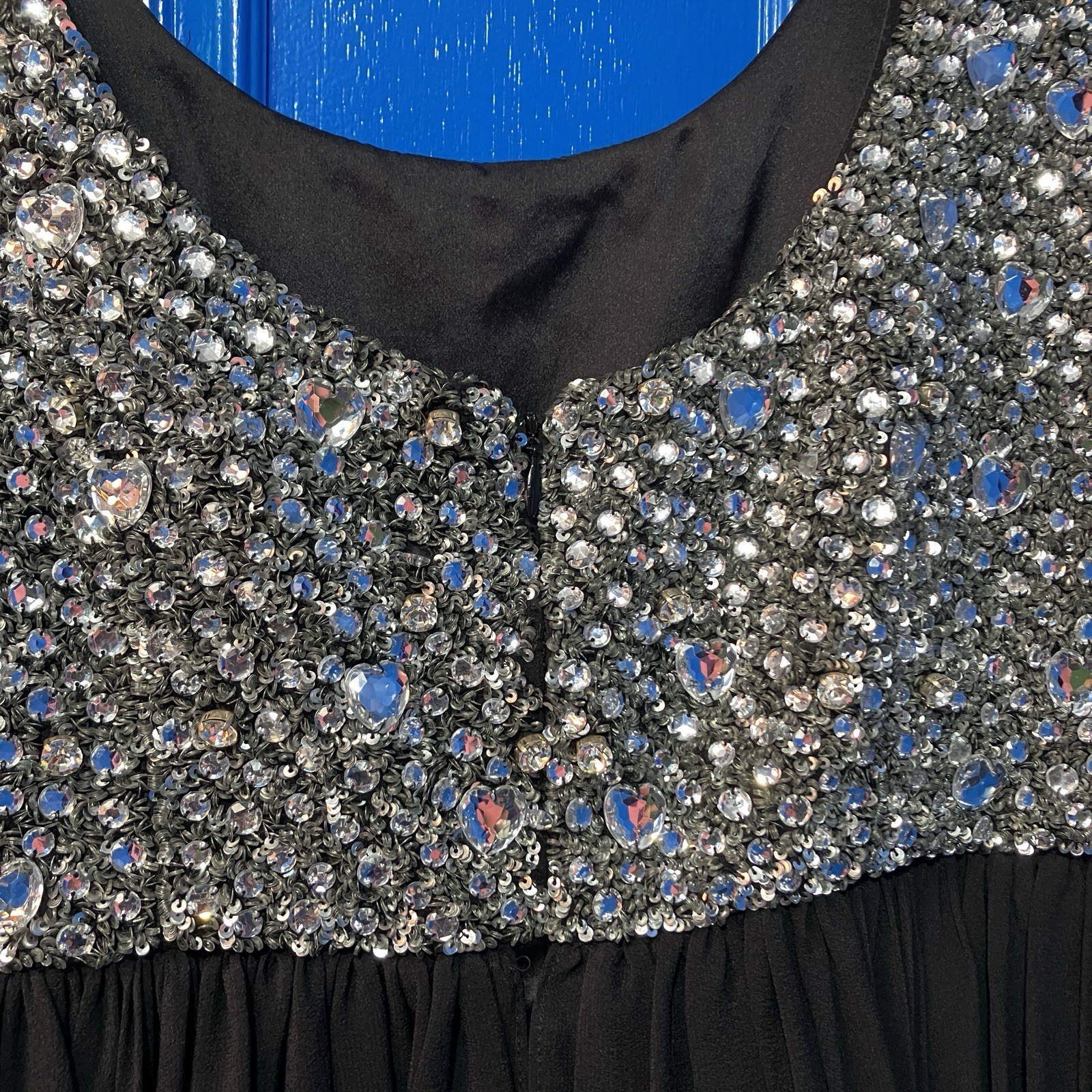 Vintage 90s Style Black Silver Sequin Diamonte Cocktail Mini Dress Sz 10 approx