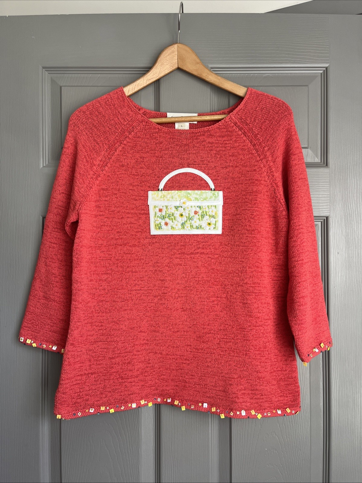 Vtg Susan Bristol Hand Embroidered Sweater Beaded Floral Purse Applique Large