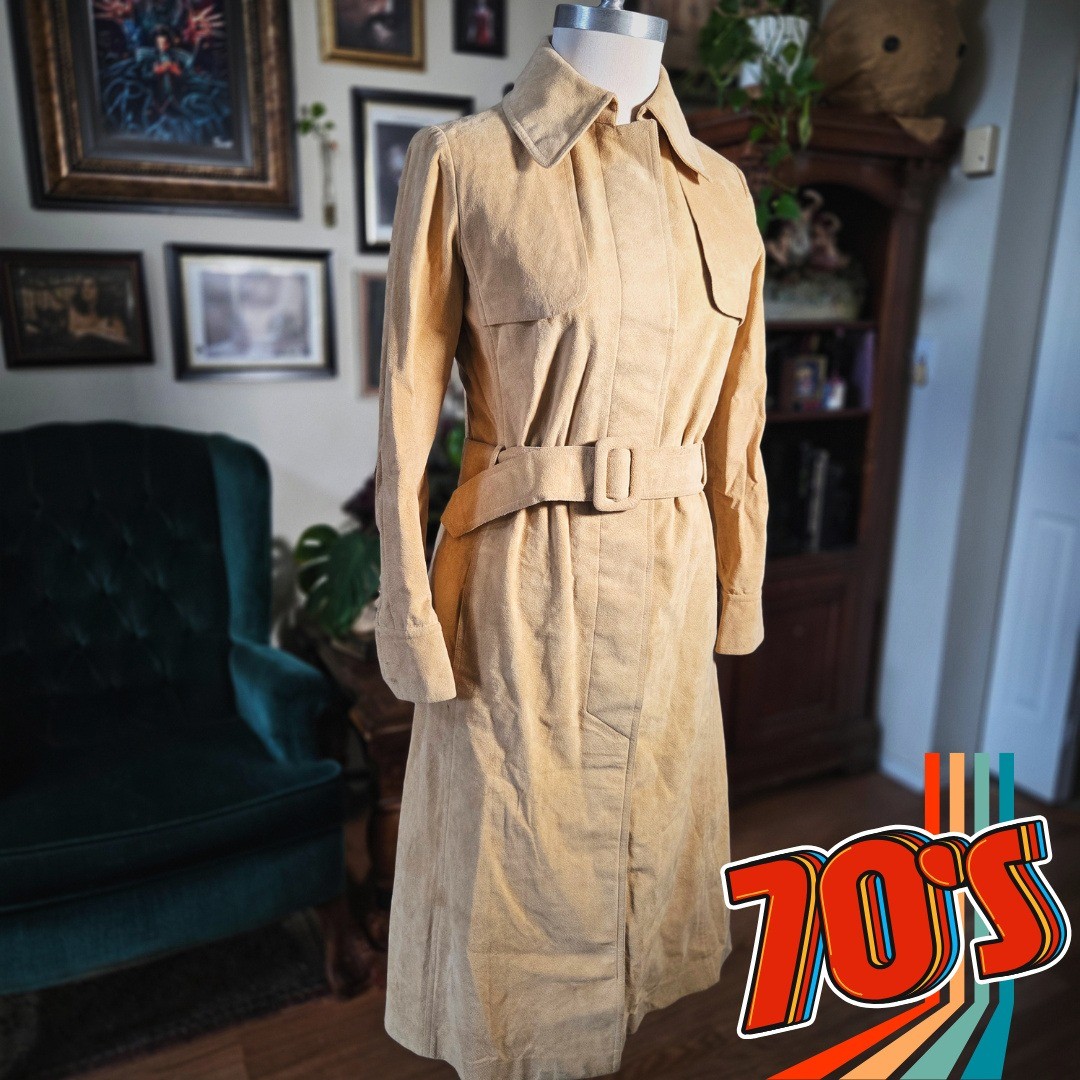Saks Fifth Avenue Trench Coat Vintage 70s Tan Ultra Suede Belted Mod Jacket S