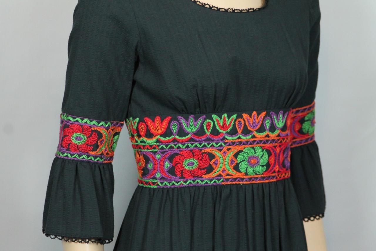 Vtg 70s RUTH NORMAN for GAY GIBSON Ethnic Embroidered Black Fit Flare Dress 9
