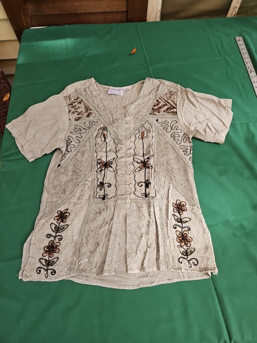 VINTAGE 80s Bohemian Shirt Crochet Fringe Boho Artsy Rayon LG