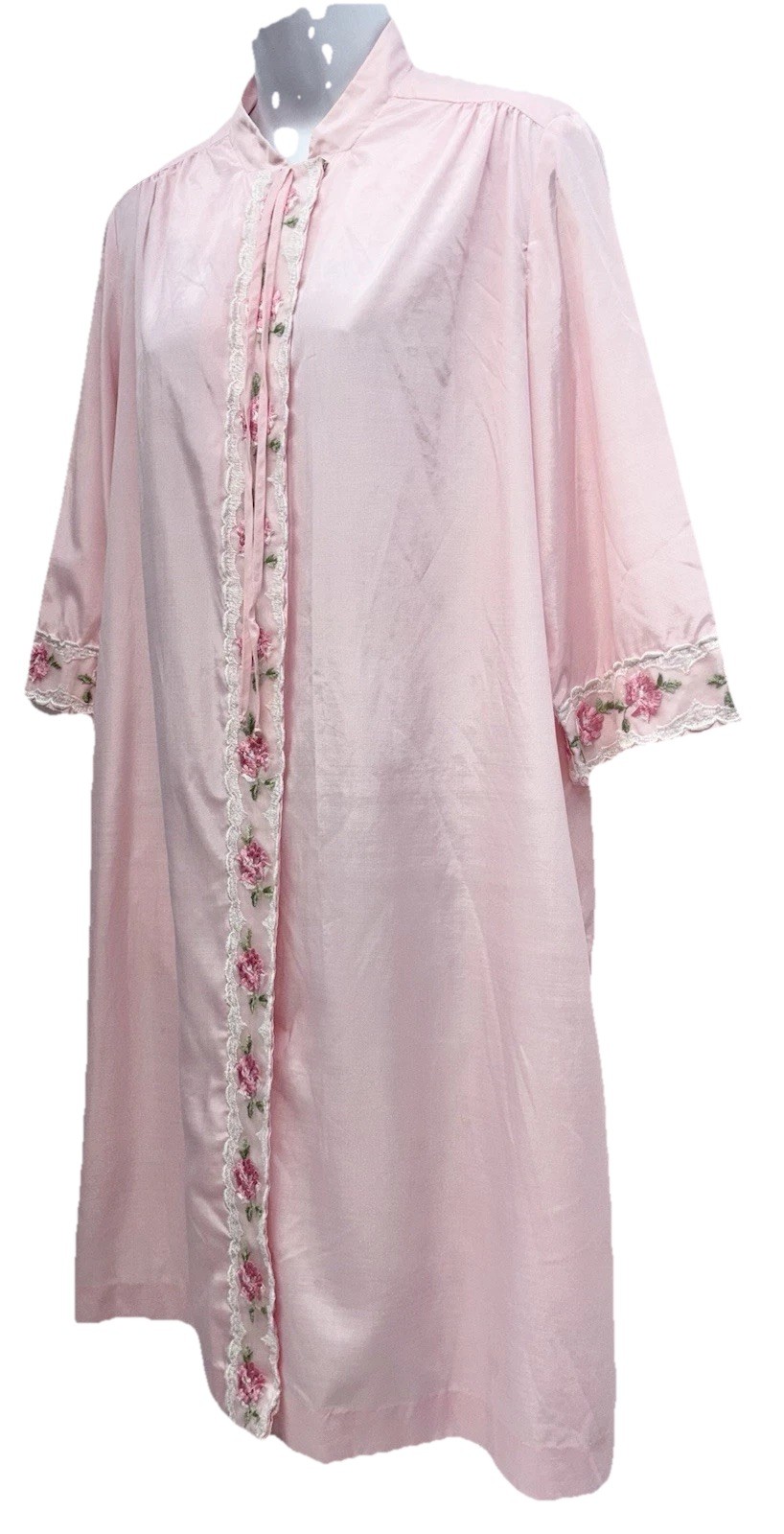 Vintage Loungees Women Size 12 Snap Button Up 3/4 Sleeve Embroidered Robe Pink