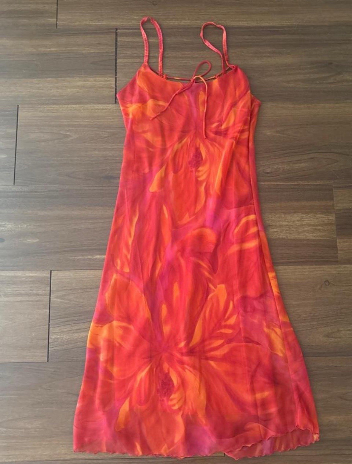 Vintage Meghan Matthew’s Orange Red Floral Sheer Midi Dress Size 10