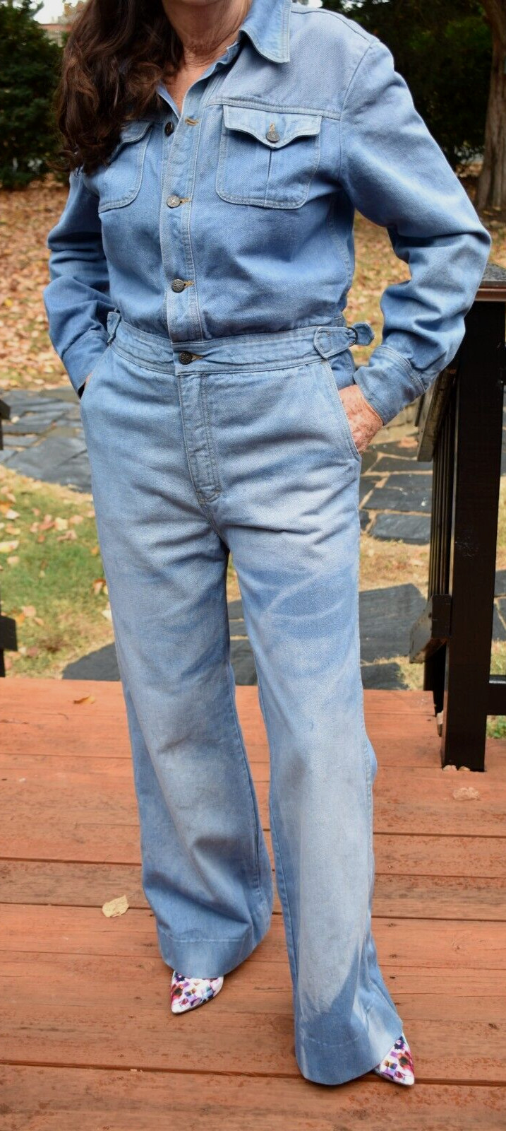 Vintage Brittania Denim Flared Leg 70s Long Sleeve Jumpsuit Romper Overall Large