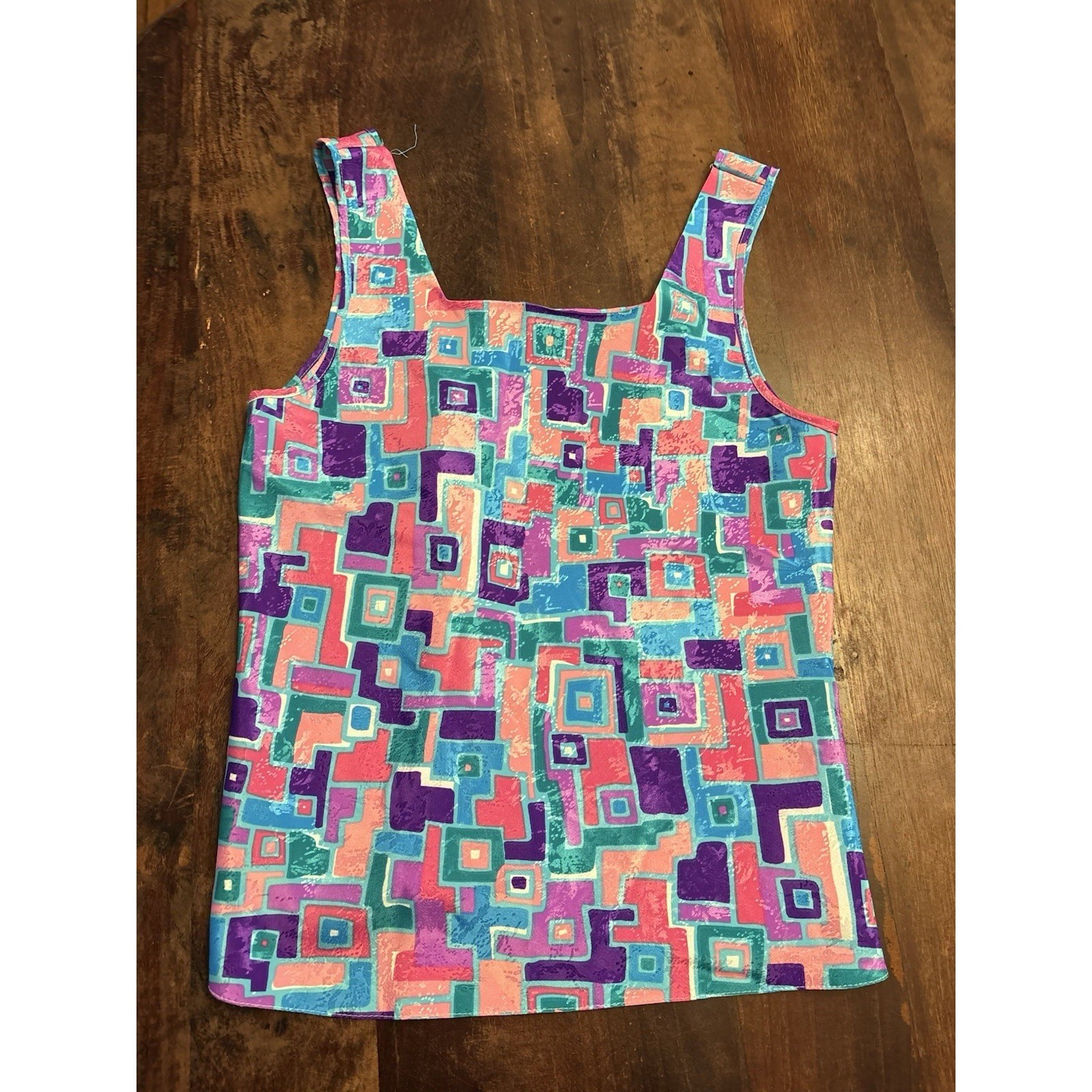 Vintage Geometric Abstract Print Tank Top Pink Purple Teal Sleeveless Shell
