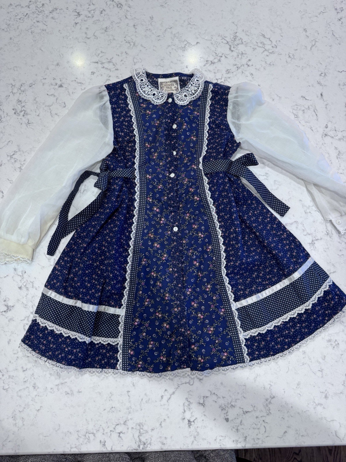 Vtg Gunne Sax By Jessica Prairie Midi Dress Flora White Lace Trim Girls Sz 5T BH