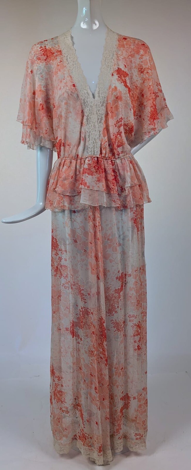 1970’S PINK FLORAL SHEER SILK CHIFFON DRESS W CAPE SLEEVES + NIEMAN MARCUS LABEL