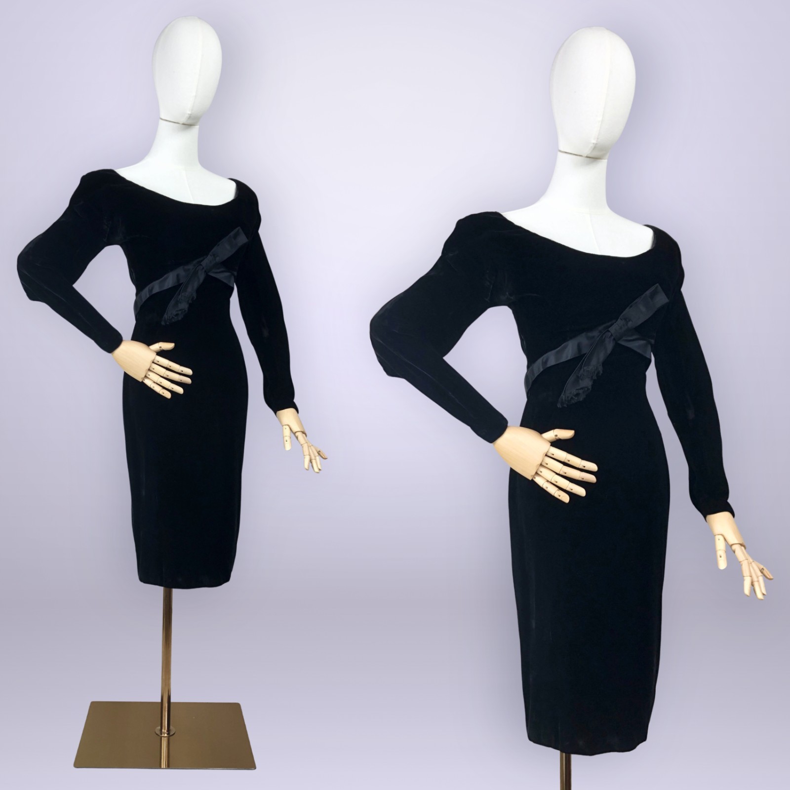 VINTAGE 50s Velvet Wiggle Bombshell Dress with Bow & Shelf Bust 36B/ 27W VFG