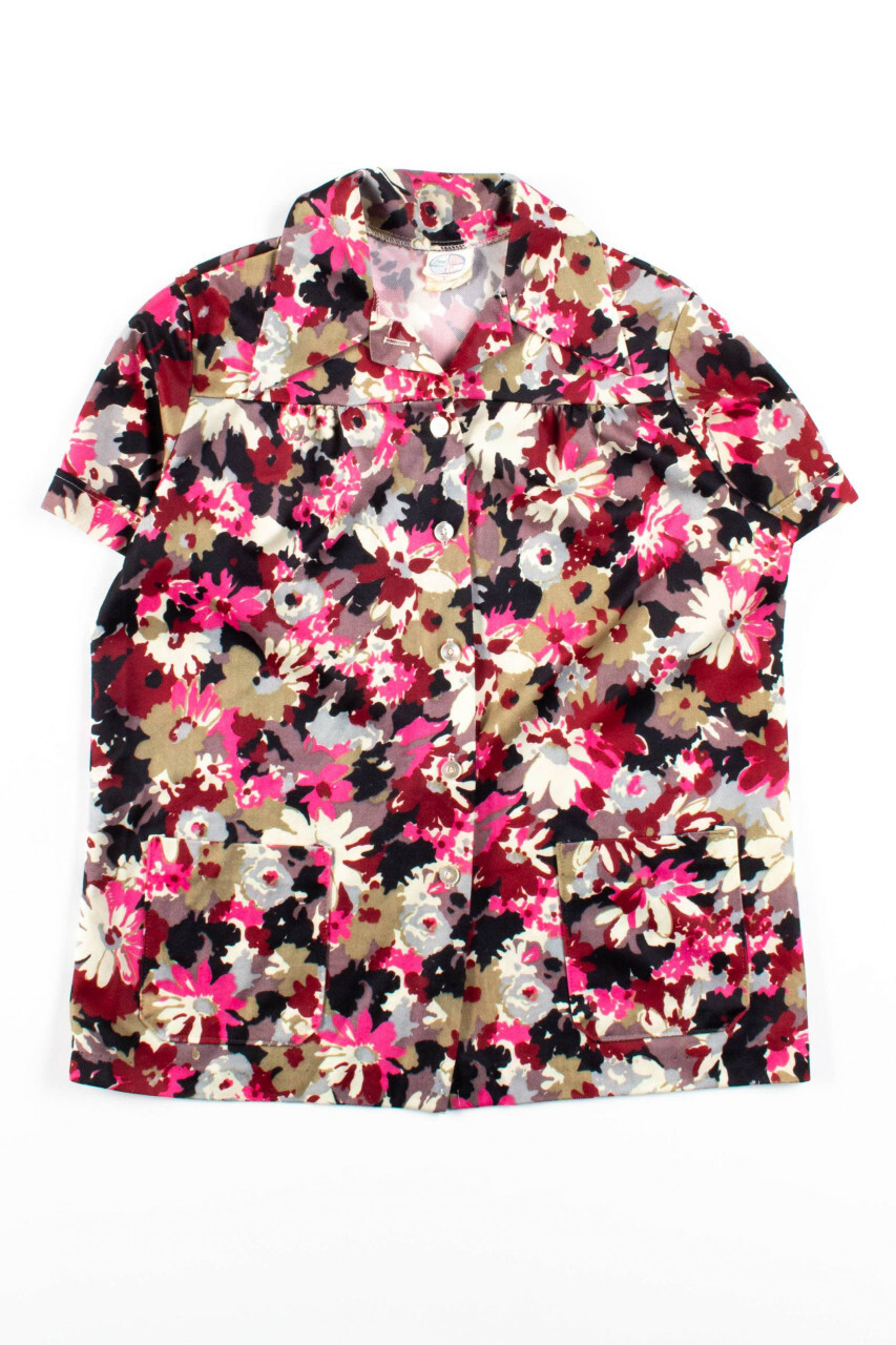 Vintage Land 'n Sea Large Black Floral Butterfly Collar Shirt Blouse