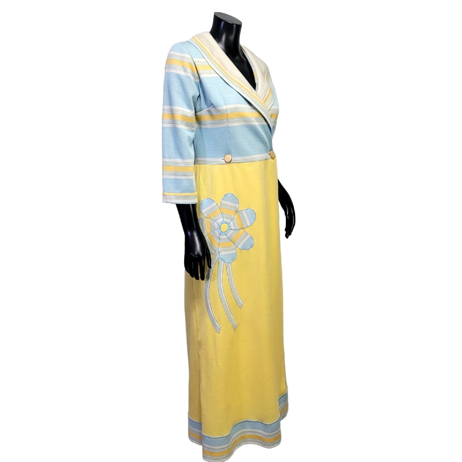 Vintage 60s 70s Maxi Dress Yellow Blue Striped Floral Applique Shawl Collar Mod