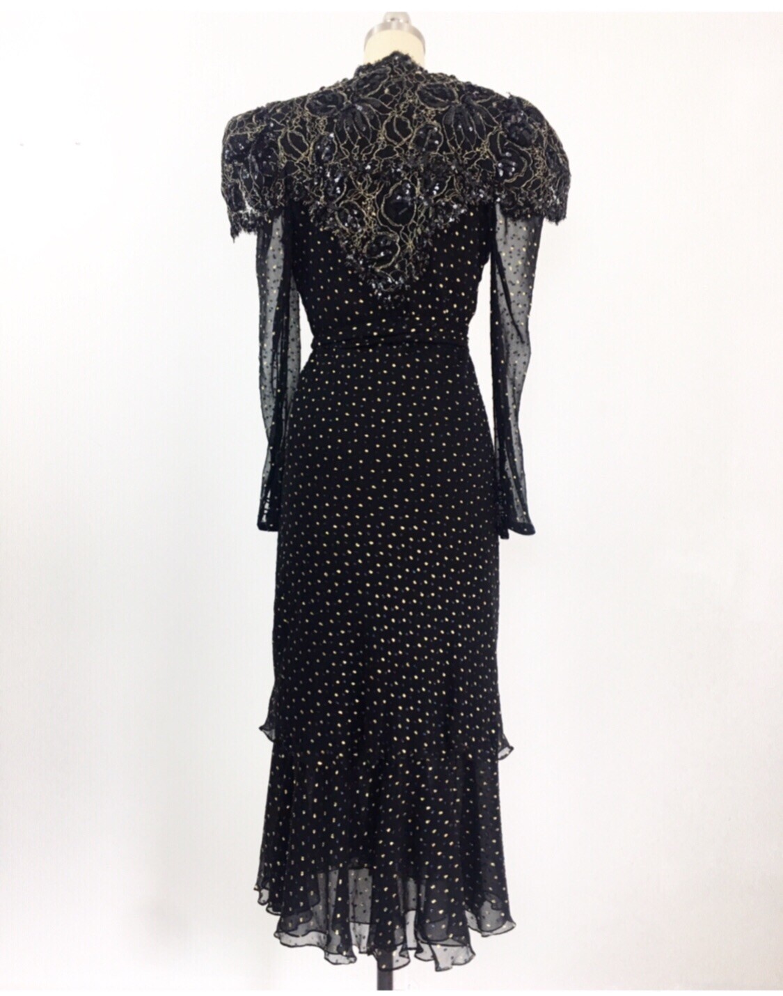 Vintage Judy Hornby Pure Silk Heavily Beaded Bodice Dress W/ Polka Dots Size M
